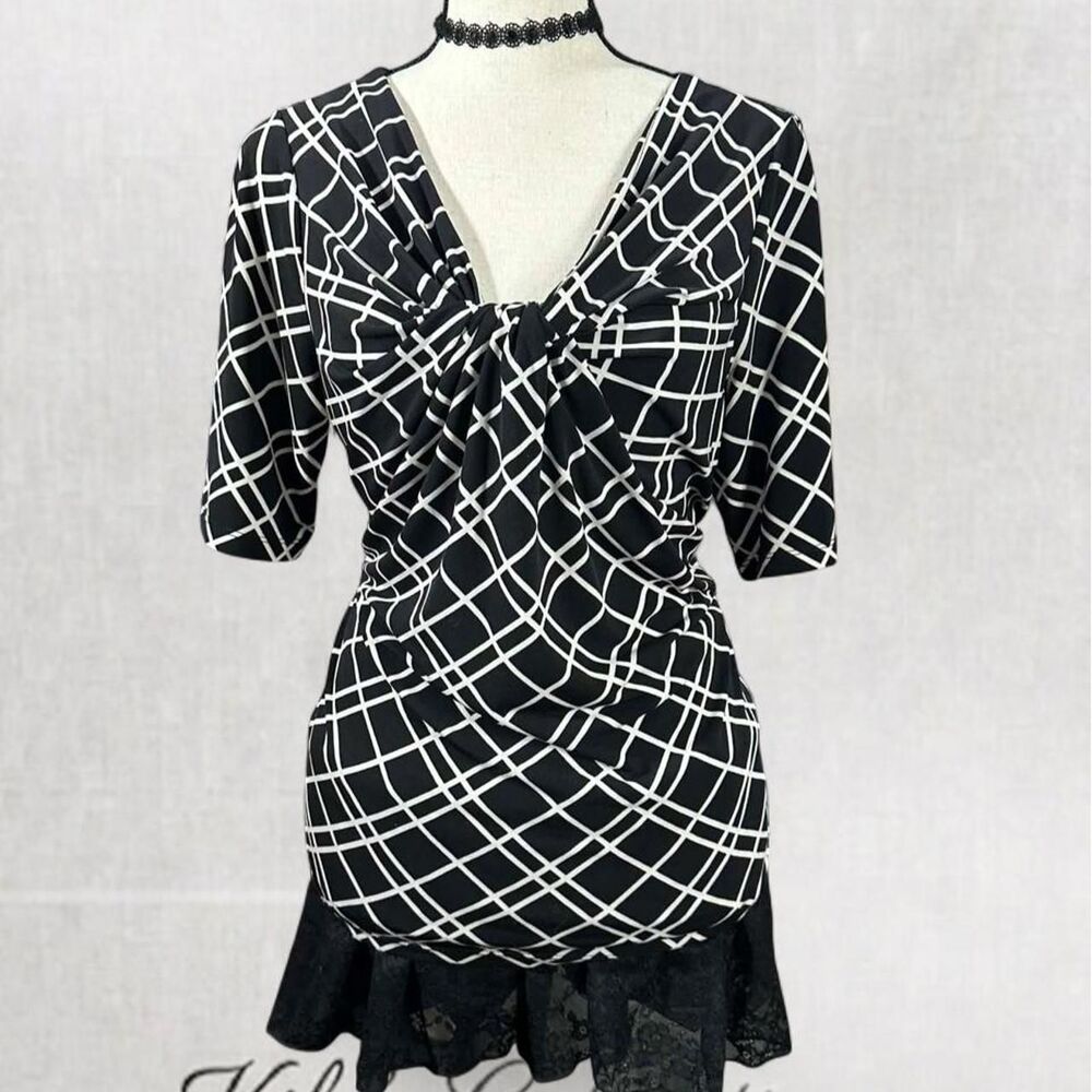 Office Siren Grid Patterned Black and White Twist Neckline Blouse
